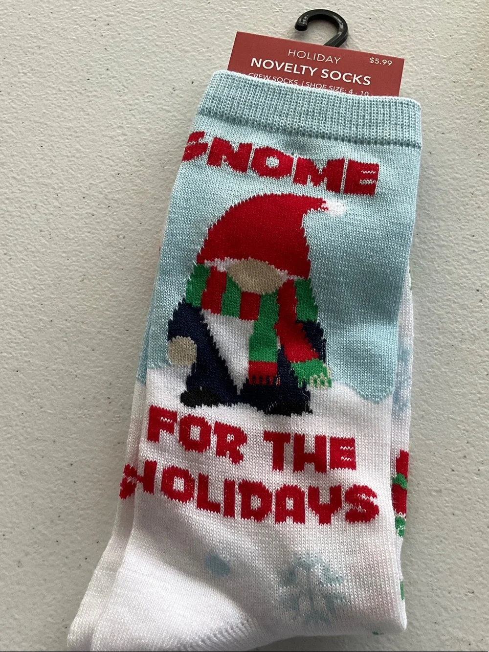 4-Prs Holiday Gnome & Snowman Crew Socks - Light Blue, Red, Gray, White